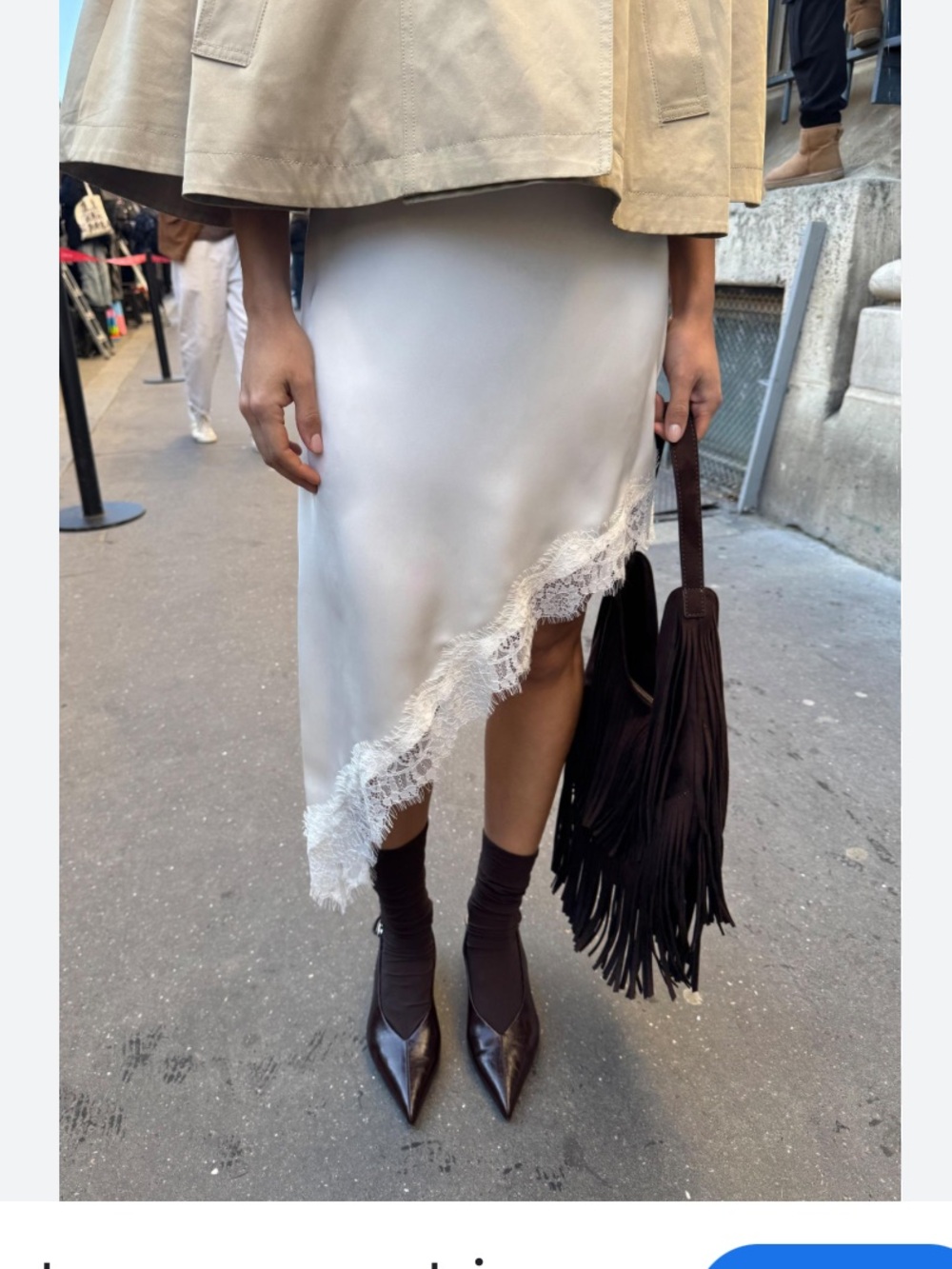 White Satin Lace-Trim Asymmetric Midi Skirt